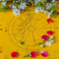 Wesołe znaki zodiaku na żółtym tle, ozdobione płatkami róż i kwitnącymi gałązkami.