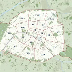 Mapa Paryża z zaznaczonymi 20 dzielnicami (arrondissements) i rzeką Sekwaną.