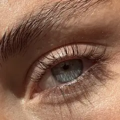 Närbild på ett öga med mörka ögonfransar och bryn. Kanske dags att ta bort lashlift?