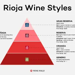 Piramide stylów wina Rioja: Gran Añada, Gran Reserva, Reserva, Crianza i Generic. Odkryj różnice w starzeniu i cenie hiszpańskiego wina Rioja.
