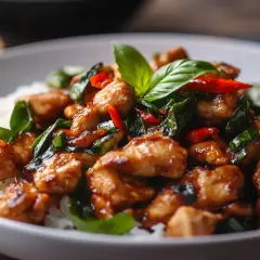 Kyckling med ris och färsk thai basil. En smakrik rätt med chili och örter.