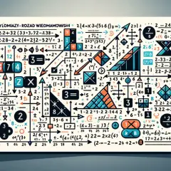 Rozkład wielomianu na czynniki, przedstawiony jako skomplikowany diagram matematyczny z liczbami, symbolami i strzałkami.