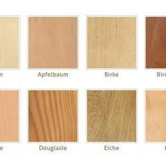 Holzmuster: Ahorn, Apfelbaum, Birke, Birnbaum, Buche, Douglasie, Eiche, Erle. Ahorn ist ein hartes Holz.
