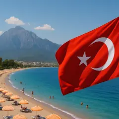 Turecka flaga powiewa nad plażą w Turcji. Pogoda w maju idealna na wypoczynek nad morzem, z górami w tle.