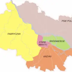 Mapa przedstawiająca dzielnice Łodzi: Fabryczna, Stare Miasto, Śródmieście, Krzyki i Psie Pole.