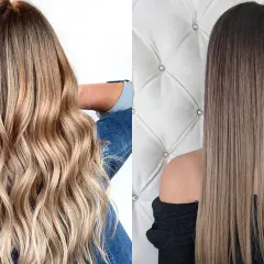 Dos estilos de cabello con mechas ombre: rubio ondulado y castaño liso.