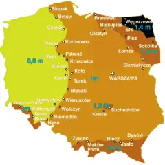 Mapa Polski z zaznaczonymi strefami przemarzania gruntu. Wartości od 0,8 m do 1,4 m.