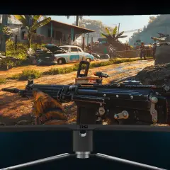 Ein Spiel auf einem MSI-Monitor, das zeigt, was HDR kann: lebendige Farben und tiefe Kontraste in einer tropischen Szene mit Waffe.