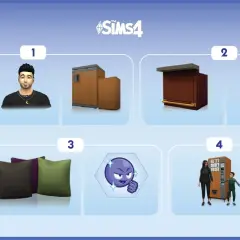 Grafika z The Sims 4 pokazuje przedmioty, które można odblokować: rzutki, bar, poduszki i automat.