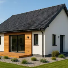 Nowoczesny dom 80m2 z drewnianym tarasem i dużymi oknami. Elegancka biel elewacji kontrastuje z ciemnym dachem i stolarką.