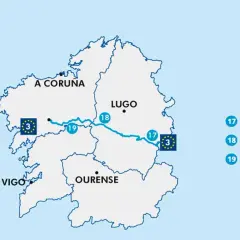 Mapa de Galicia con la ruta EuroVelo 3 atravesando A Coruña, Lugo y Ourense, con secciones 17, 18 y 19 marcadas.