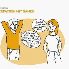 Zwei Personen spielen "Kofferpacken mit Namen", ein lustiges Kennenlernspiel. Sie stellen sich vor und erzählen, was sie gerne einpacken würden.