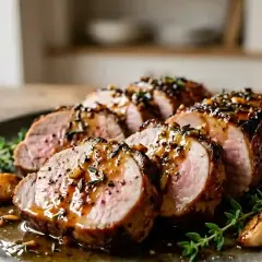 Filet mignon tranché, nappé d'une sauce au miel et aux herbes, servi sur une assiette avec du thym et de l'ail. Une belle recette filet mignon miel.