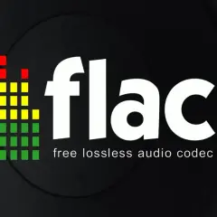 FLAC vs MP3: logo FLAC z wizualizacją dźwięku na tle głośnika. Wybierz jakość bez strat.
