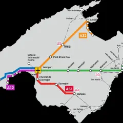 Mapa transportu na Majorce. Linie A11, A12, A32, A51, A42 łączą główne miasta i lotnisko.