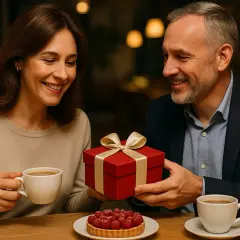 Mąż wręcza żonie prezent na 40 urodziny. Czerwone pudełko z kokardą, kawa i deser z malinami.