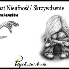 Rysunek przedstawia schemat nieufności/skrzywdzenia. Dłoń wyciąga się do skulonej postaci, symbolizując trudności, które mogą być leczone przez kontekstualną terapię schematów.
