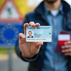 Mężczyzna pokazuje dowód osobisty, trzymając paszport. Czy do Francji trzeba paszport? W UE często wystarczy dowód.