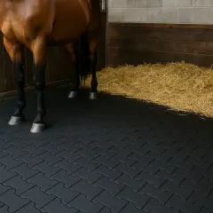 Koń stoi na gumowej podłodze w boksie, obok sterty słomy.