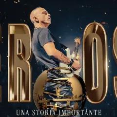 Eros Ramazzotti mit Gitarre, umgeben von goldenen Buchstaben und einer Weltkugel. Ankündigung der Eros Ramazzotti Tour 2026.