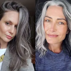 Dos mujeres lucen con orgullo sus mechas go grey, mostrando la belleza natural de su cabello plateado.