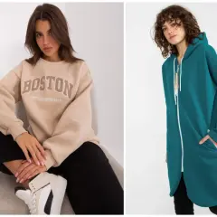Dwie modne bluzy: beżowa z napisem "Boston" i długa, rozpinana w kolorze turkusowym. Idealne na co dzień.