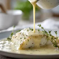 En bit vit fisk serveras med en krämig vitvinssås till fisk, garnerad med färsk timjan.