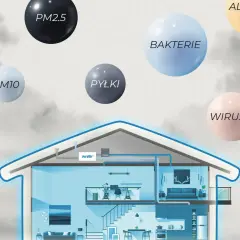 Dom z widocznymi zanieczyszczeniami powietrza: PM2.5, pyłki, bakterie, wirusy, alergeny. Syndrom chorego budynku.