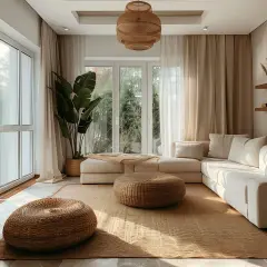 Jasny salon w stylu scandi boho z wygodną, kremową kanapą, plecionymi pufami i dużą rośliną.