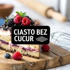 Pyszne ciasto bez cukru, udekorowane malinami i jeżynami, na drewnianej desce. Idealne dla dbających o zdrowie.