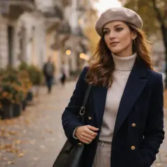 Elegancka kobieta w beżowym beretcie i granatowym płaszczu spaceruje po jesiennej ulicy. Pokazuje, jak założyć beret, by wyglądać stylowo.