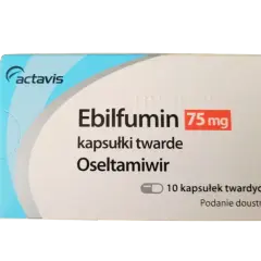 Opakowanie leku Ebilfumin 75 mg, zawierającego oseltamiwir. 10 kapsułek twardych do podania doustnego.