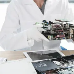Ręce w rękawiczkach trzymają stos płyt głównych. Zastanawiasz się, co zrobić ze starego laptopa? Recykling to dobry pomysł.