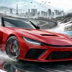 Roter Sportwagen und blauer SUV rasen durch eine Stadtkulisse mit Bergen im Hintergrund. Das ist die Welt von Forza Horizon 6!