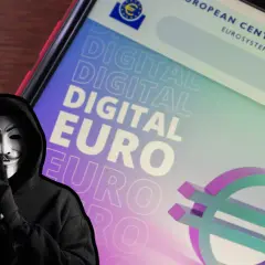 Tajemnicza postać w masce Guy Fawkesa szepcze o cyfrowym euro, nowej formie CBDC.