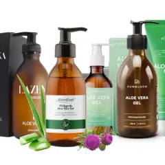 Verschiedene Flaschen und Tuben mit bio Aloe Vera Gel, darunter Marken wie Lazena, BitterKraft! und Vitabay, für Haut- und Haarpflege.