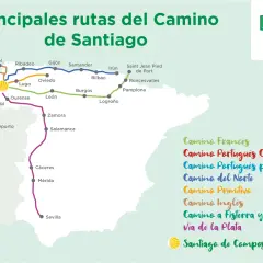 Mapa de las principales rutas del Camino de Santiago, mostrando su recorrido y los puntos clave. El Camino se hace por motivos espirituales, culturales o de superación personal.