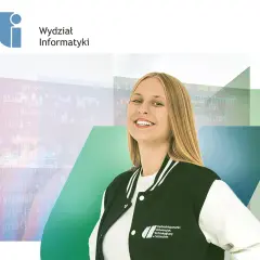 Uśmiechnięta studentka Wydziału Informatyki, kierunkowy 91 Polska, na tle kodu.