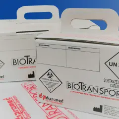 Contenitori per trasporto materiali biologici, con etichette di rischio. Il biotransit dopo quanto fa effetto? Dipende dal tipo di materiale e dalle normative.