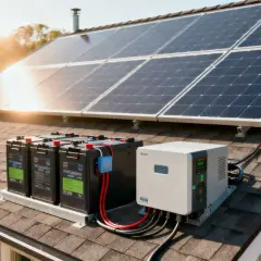 Instalacja off-grid z akumulatorem na dachu. Panele słoneczne, baterie i falownik zapewniają niezależność energetyczną.