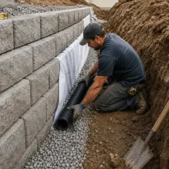 Un ouvrier installe une canalisation eaux usées enterrée le long d'un mur de soutènement en blocs de béton.