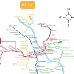Mapa metra w Warszawie: linie M1 (niebieska), M2 (czerwona) i M4 (żółta) z zaznaczonymi stacjami i odległościami.