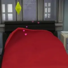 Łóżko w Sims 4 z różowymi serduszkami unoszącymi się nad czerwoną kołdrą, sugerujące romantyczne chwile dzięki modowi sims 4 woohoo mod.