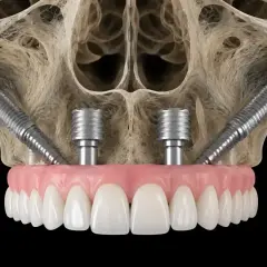 Immagine 3D di impianti zigomatici inseriti nell'osso mascellare, con una protesi dentale fissa.