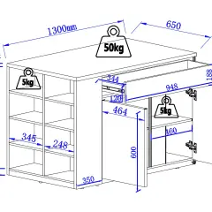 Schéma technique d'un îlot central de cuisine. Dimensions : 1300x650x900mm. Charge max 50kg.