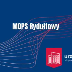 MOPS Rydułtowy – miejski ośrodek pomocy społecznej. Logo urzędu i adres strony urzad.info.pl.