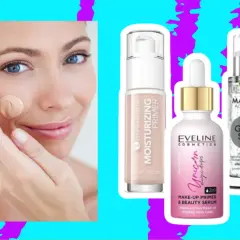 Kobieta aplikuje podkład, obok kosmetyki: baza pod makijaż Eveline Unicorn, nawilżający primer i baza pod makijaż Bielenda Glass Skin.