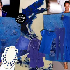 Moda in blu elettrico: abito da sera, jeans, t-shirt, giacca, borsa, scarpe e collana. Un tripudio di blu klein.