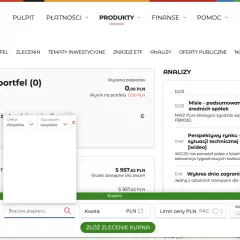Na ekranie mBank widać panel "Twój portfel (0)", gdzie można kupić lub sprzedać akcje, w tym mbank etf.