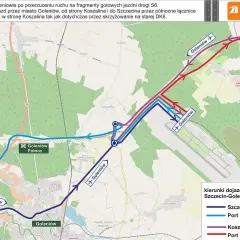 Mapa pokazuje dojazd do lotniska w Goleniowie. Kolorowe linie wskazują trasy ze Szczecina i Koszalina.